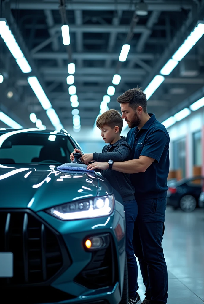 Automotive aesthetics space, lots of lights on the ceiling, with a man in uniform with his son polishing a car with a polishing machine in hand