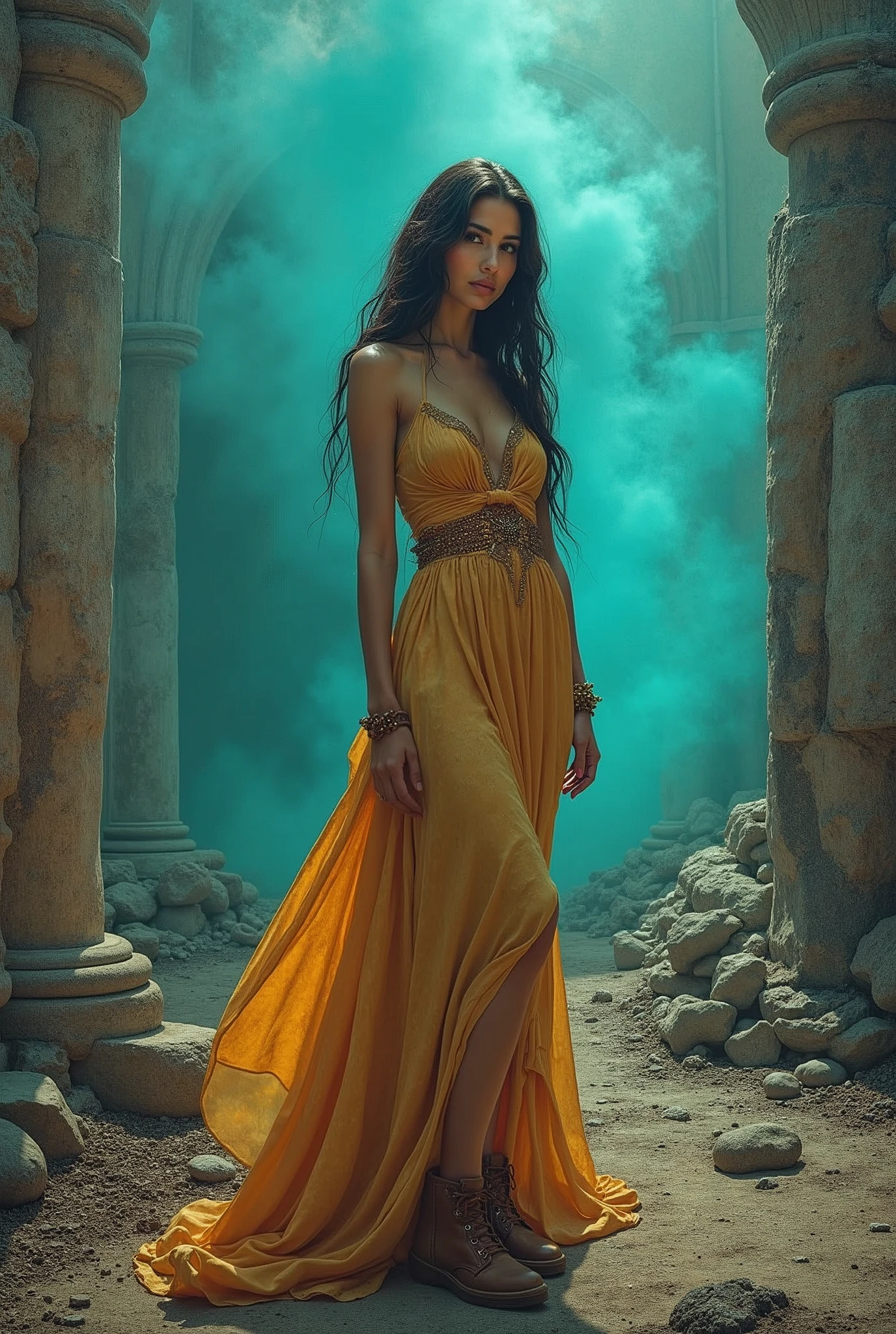 ((beste-Qualit)), ((tmasterpiece)), ((Realistic)), attractive Camila Mendez, among the ruins, Turquoise Fire, Smoke, mist, Vintage Colorful Fantasy , Feminine Pose, (Impasto painting), ((in the style of Ken-Kelly)), Strokes, (Perfect), Complicated details, Extremely detailed, Raw, HDR, ), 8K