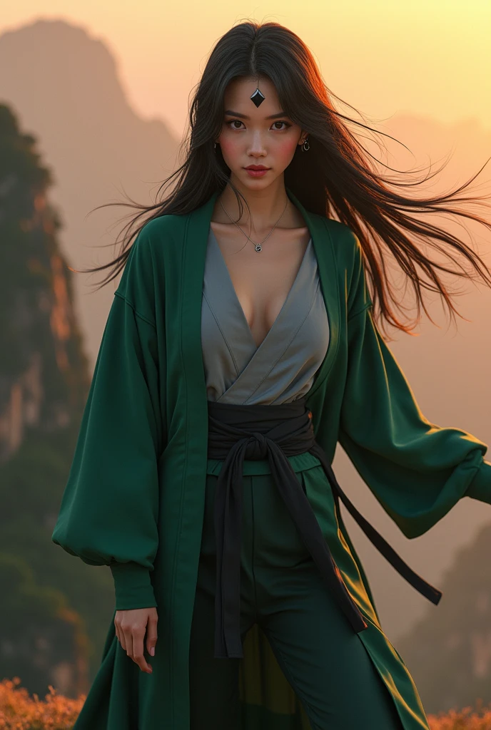 Birdseye view. beautiful woman, born Thai-korean as Tsunade Senju with a diamond mark on her forehead from the anime series “Naruto.” 30 years old at amidst Huangshan Mountain at sunset. dynamic martial arts on top cliff. she wears a green cardigan untied and deep v neckline gray kimono untied . (the round a green cardigan is getting bigger, like a balloon about to pop). black long hair. chuckle. black open-toed sandals with high heels. high resolution, realistic, 8k