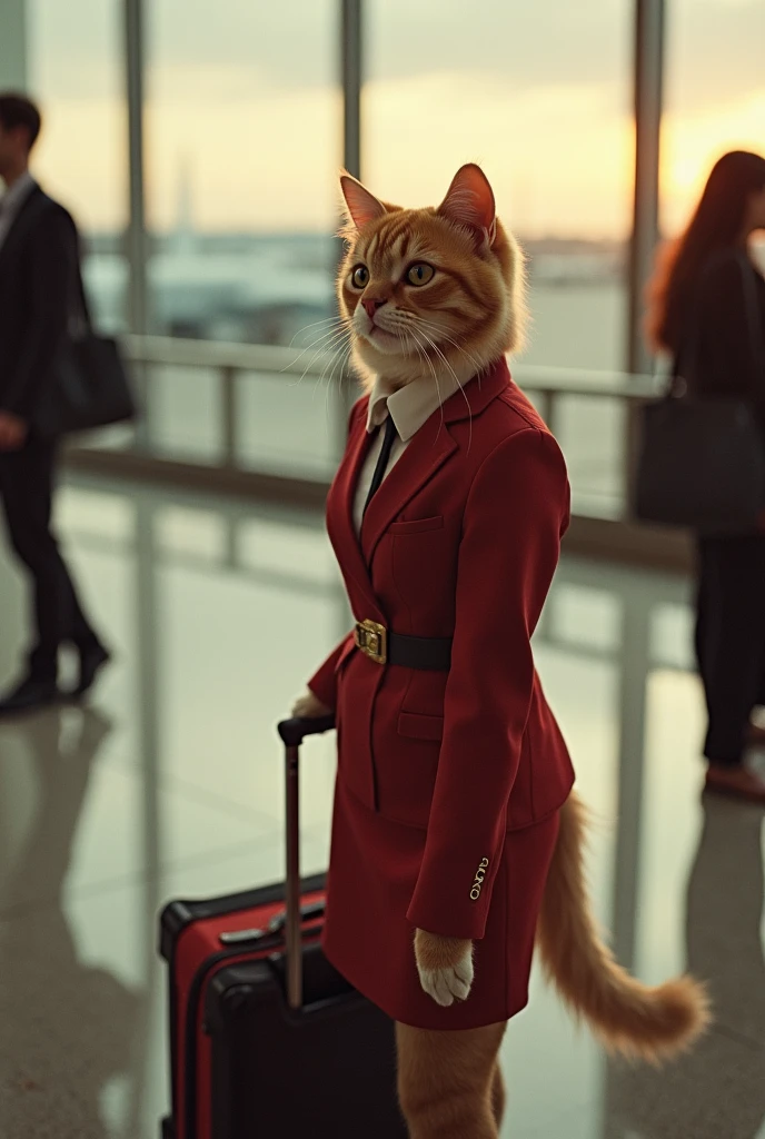 35mm lens，Multiple angles，Beautiful Cat，cute，sexly，Personification，Back，Side，silhouette，Overhead shot，Cat，Standing，Doll，Airline stewardess，Trolley case，，AIRPORT，Airline stewardess， cloak,Ruan Jia,，Work clothes，tie, (Delicate face), (Fine fluffy fur)，（35mm Cinema Lens），（Multi-angle shooting），（many viewing angles）