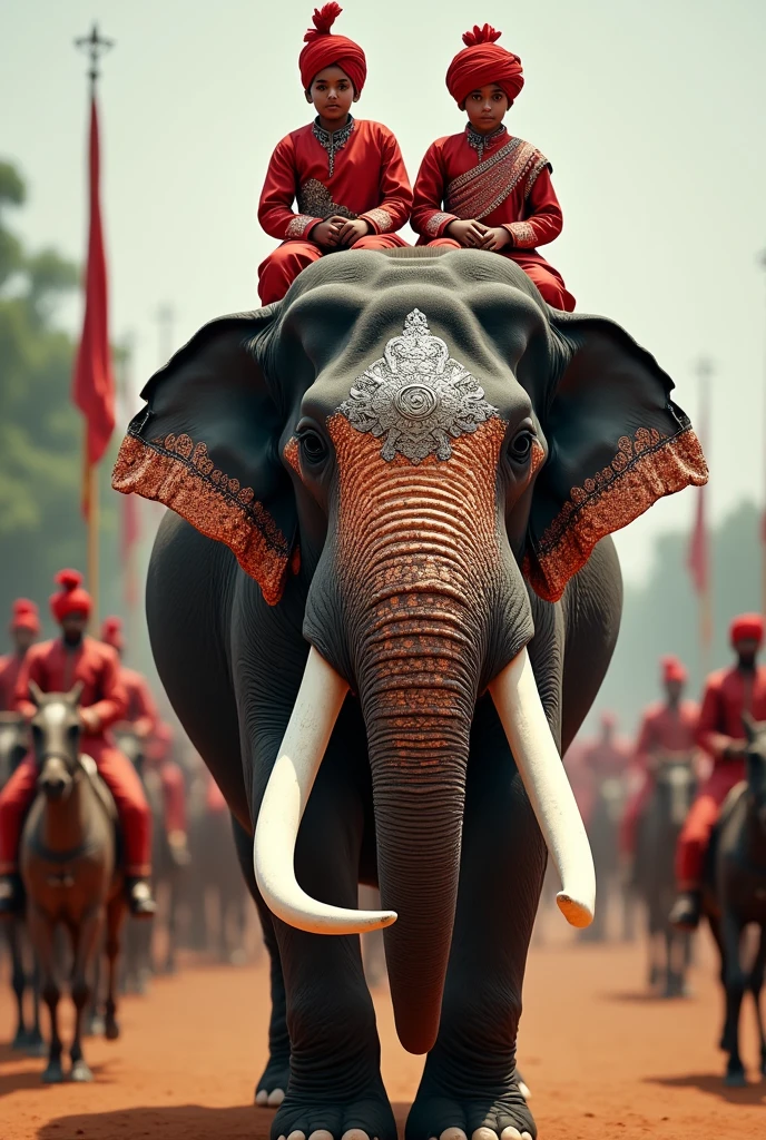 Two young male children of Tipu Sultan aged 7 and 10 wearing red cotton turbans and gown of the 18th century Indian costumes sitting on back of a gigantic elephant in a decorated silver Hooda. A old mahooth sitting on the head of the elephant is controlling and coming out of the gates of Srirangapatna. Tipu Sultan's cavalry and camel mounted soldiers are following them as part of the procession. The whole seen is in UHD resolution from the ground level shot in Very high resolution
