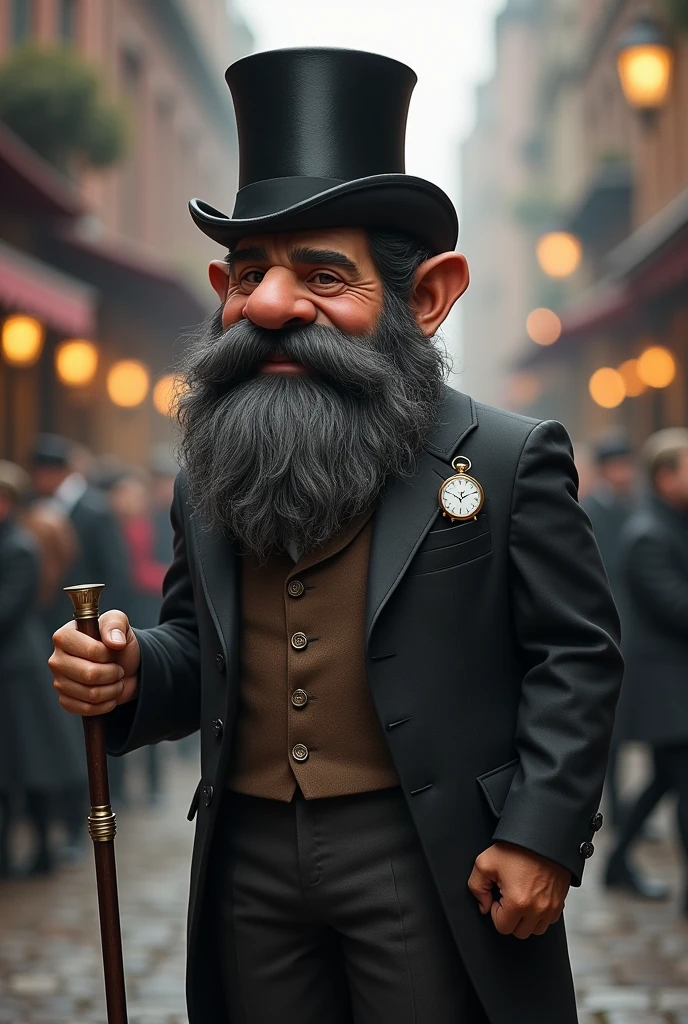 A dnd gnome in a suit from around the industrial revolution, Take off his gnome hat and put on a top hat, walking stick, y un anillo colocado en el mango del walking stick, The gnome has a mainly black beard with some grey hairs but well groomed, a pocket hat in the right breast pocket, a lens in the right eye,