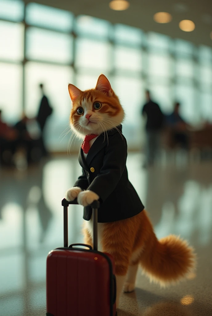 35mm lens,Multiple angles,漂亮的Cat,cute,Sexy,Personification,Back,side,silhouette,Overhead shot,Cat,Standing,doll,Airline stewardess,Trolley case,,AIRPORT,Airline stewardess, cloak,Ruan Jia,,Work clothes,tie, (Delicate face), (Fine fluffy fur),(35mm Cinema Lens),(Multi-angle shooting),(many viewing angles)