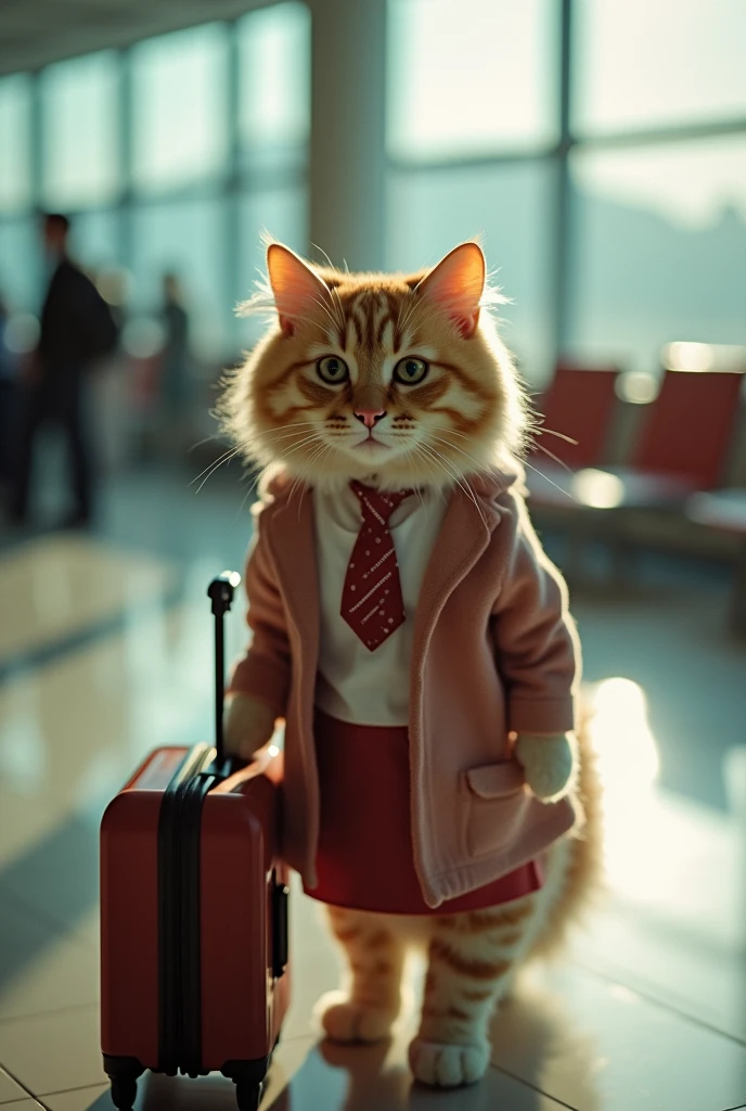 35mm lens,Multiple angles,漂亮的Cat,cute,Sexy,Personification,Back,side,silhouette,Overhead shot,Cat,Standing,doll,Airline stewardess,Trolley case,,AIRPORT,Airline stewardess, cloak,Ruan Jia,,Work clothes,tie, (Delicate face), (Fine fluffy fur),(35mm Cinema Lens),(Multi-angle shooting),(many viewing angles)