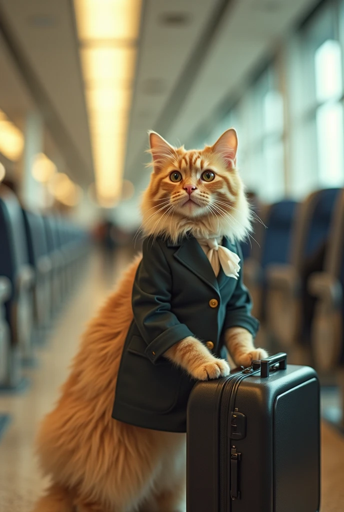 35mm lens,Multiple angles,漂亮的Cat,cute,Sexy,Personification,Back,side,silhouette,Overhead shot,Cat,Standing,doll,Airline stewardess,Trolley case,,AIRPORT,Airline stewardess, cloak,Ruan Jia,,Work clothes,tie, (Delicate face), (Fine fluffy fur),(35mm Cinema Lens),(Multi-angle shooting),(many viewing angles)