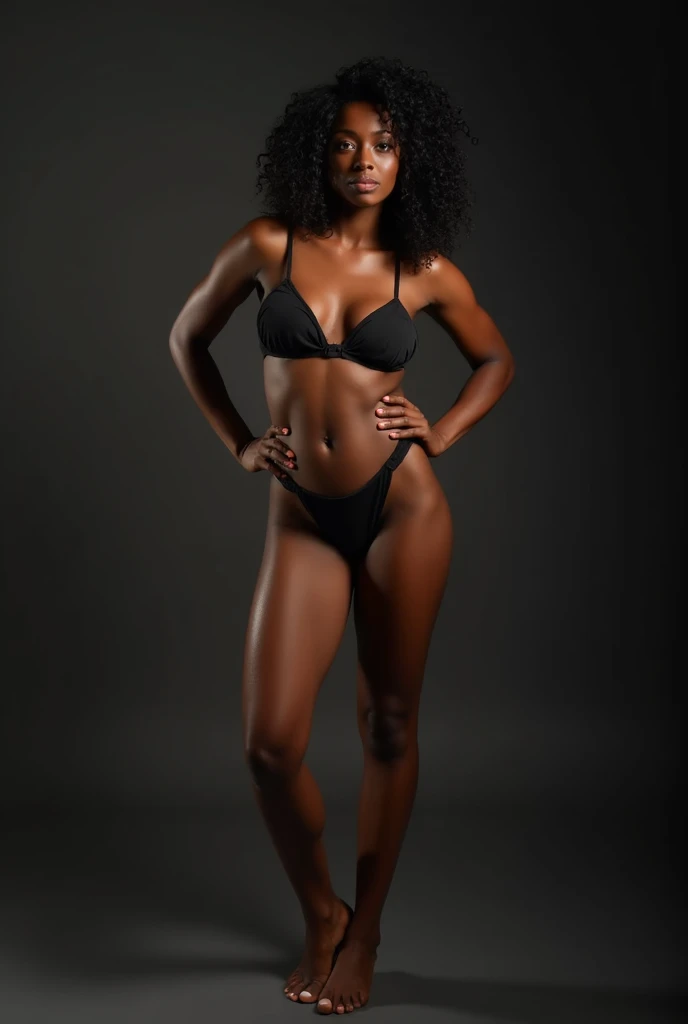 She stands with radiant elegance against a black background, which enhances her beauty and presence. Her skin, with a warm golden tone, shines with a healthy glow under the lighting that highlights her against the dark backdrop. Her symmetrical face is framed by intense green eyes, capturing attention with their captivating depth. Well-defined eyebrows accentuate the intensity of her gaze, while her full lips curve into a confident and charming smile. Her long, curly, dark hair cascades in voluminous waves, elegantly framing her face.
She is captured in a full-body shot, completely nude, with her arms extended out to the sides and her gaze directed upward. Her posture highlights her slender, toned figure, showcasing confidence and openness. Her outstretched arms and upright torso create a sense of freedom and grandeur, while her upward gaze conveys an air of aspiration and serenity.
Her hands and feet are depicted with perfect detail, showing their natural, well-defined shape. Her fingers and toes are delicately articulated, adding to the overall elegance of the image. Her nipples are proportionate to her figure, harmoniously integrated into the composition of her body.
The black background enhances the contrast, making the colors and silhouette of the model stand out even more. This dark backdrop highlights the details of her skin and creates a sophisticated and striking atmosphere.
The camera used is the Canon EOS R5. The lens is a 24-70mm f/2.8 for versatility and sharp detail. The resolution is set to the highest available. ISO is kept between 100 and 800 to avoid noise, adjusted only if lighting is insufficient. Aperture is set to f/2.8 for selective focus and good bokeh. Shutter speed is set to 1/500s or faster to freeze motion. White balance is adjusted to "Daylight" or manually according to lighting conditions. Autofocus with a single point is used on the model's eyes, and burst mode is employed to capture multiple images in quick succession.