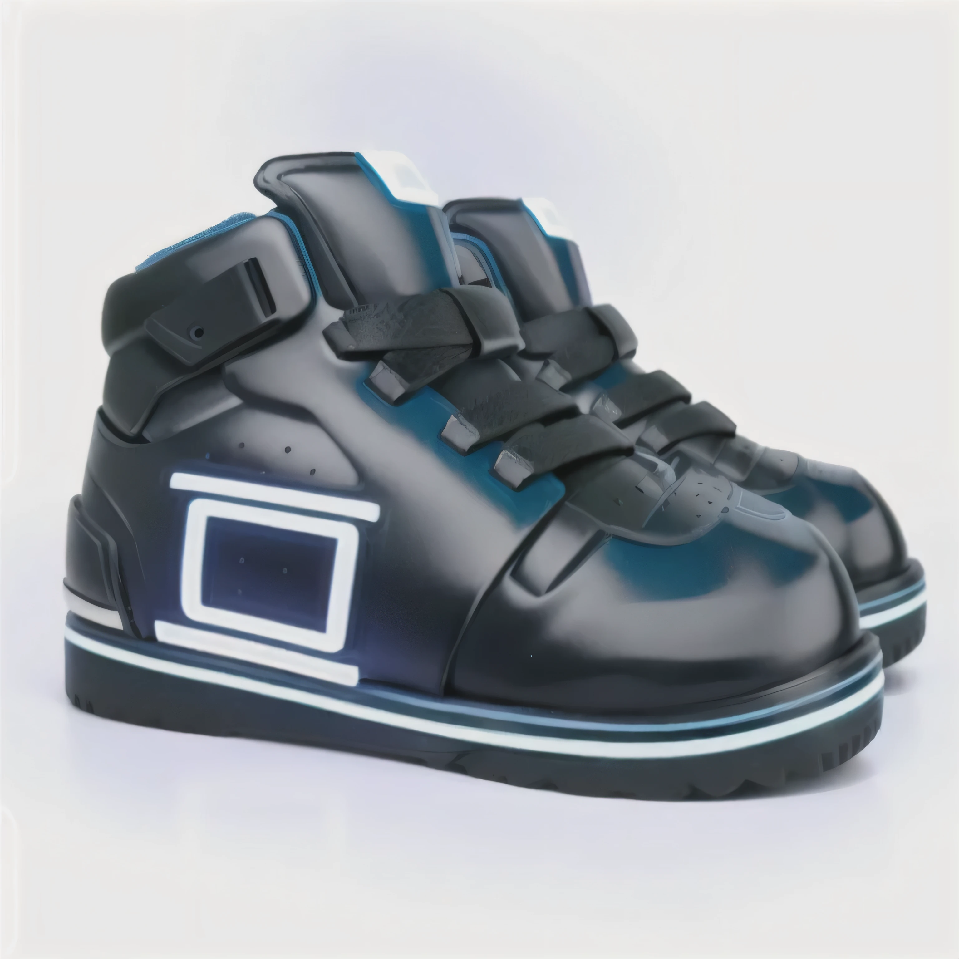 a close up of a pair of black shoes with a blue background, inflatable future shoes, futuristic sneakers, heavy metal rave shoes, platforms, futuristic balenciaga sneakers, battle shoes, basketball sneaker concept art, blue shoes, sneaker design, with glowing blue lights, black cyberlox, blue-black, sneaker shoes, whole shoe is in picture,Mtal,Metalic,Best Quality,4k
