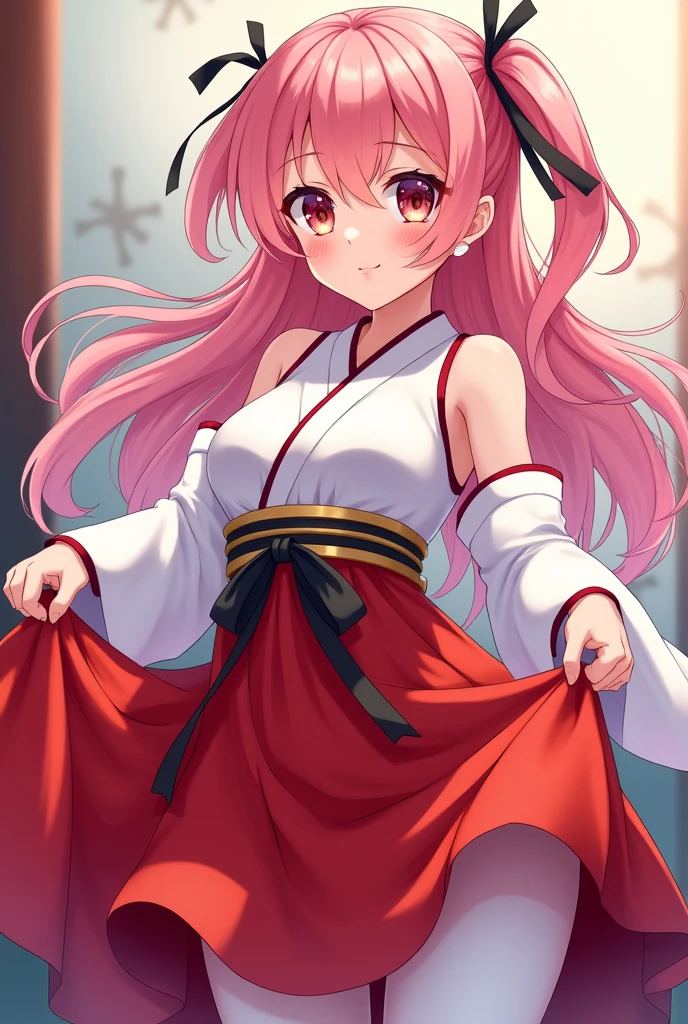 Anime Style Pink Hair Japanese Miko costume Open the chest Big Breasts Red bellows skirt Smile Lift your skirt to show your pants White Pants