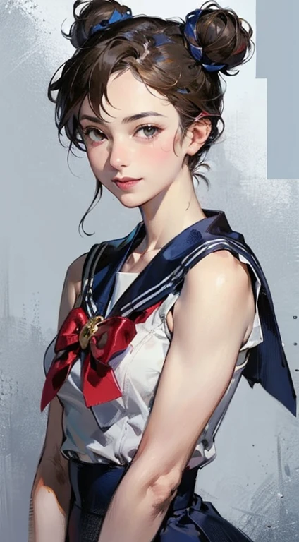 Realistic portrait of the protagonist of the anime Sailor Moon highest quality、realistic、Japanese、girl、zoom、cute、gray eyes、bun hair、chestnut hair、all back、The forehead is protruding、blue cheongsam、look down、big smile、bust shot、thin、small breasts
Overall, the image is a masterpiece, with high-quality details and a realistic rendering of Misty, her outfit, and her companion dragon. The colors are vivid and eye-catching, and the image is high-resolution, capturing every nuance of Misty's confident and adventurous spirit.