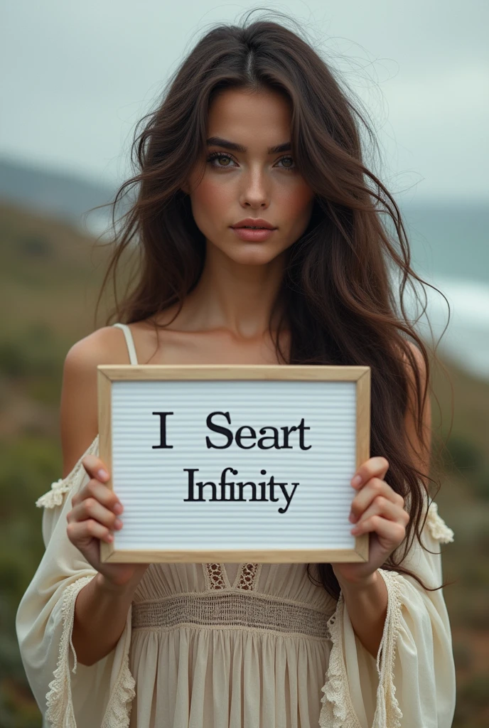 Beautiful girl with wavy long hair, bohemian dress, holding a white board with text "I Love Seaart Infinity" and showing it to the viewer