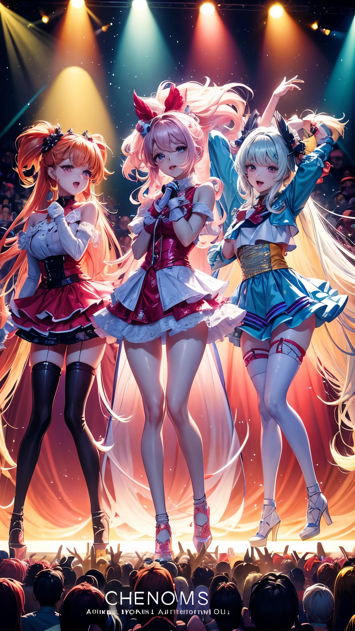 Create a digital art piece of a K-POP girl group called 'Luminous Dream.' The group consists of five members, each with distinct personalities and styles. They are dressed in colorful, glamorous outfits that reflect modern trends, posing energetically as if performing on stage. The background features a vibrant concert setting with bright lights and a cheering audience, capturing the excitement and positivity of their music.