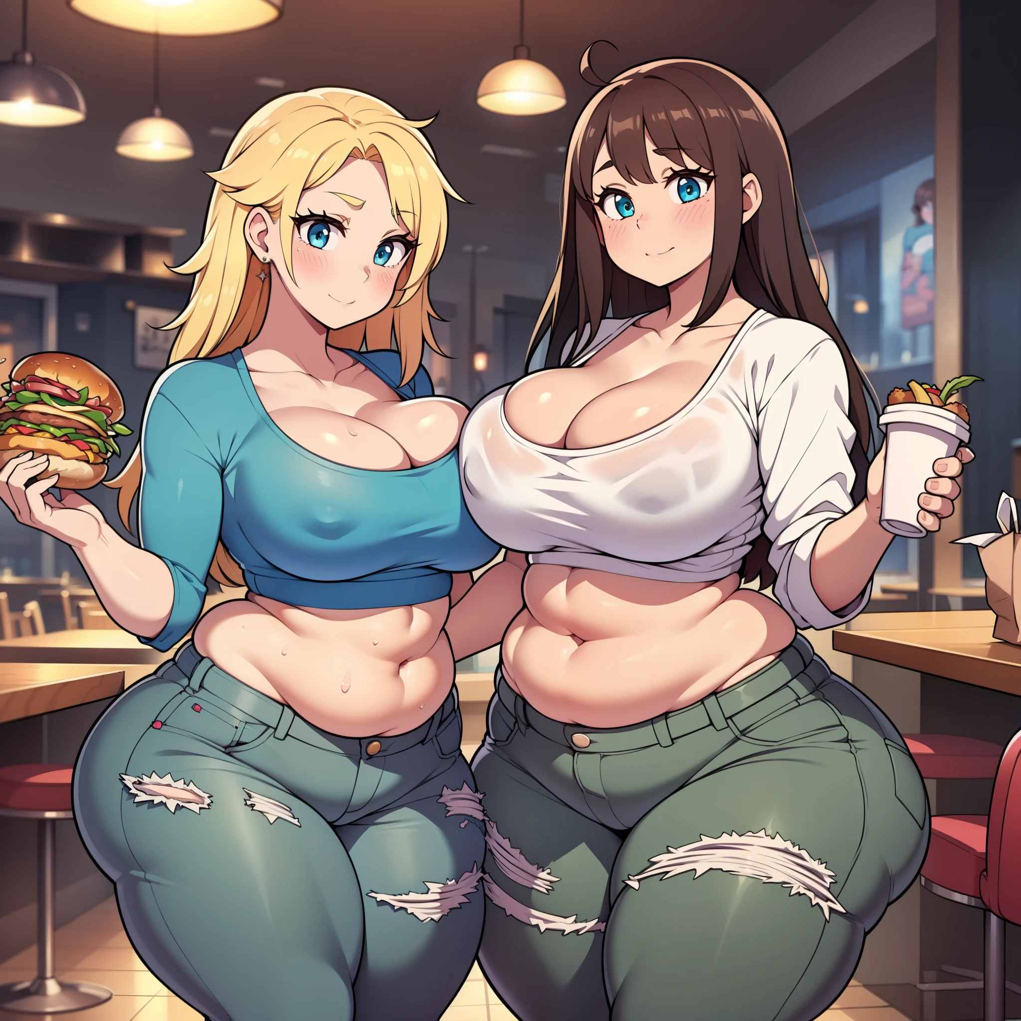 ((highres)), Masterpiece, high quality, best quality, beautiful, perfect lighting, detailed face, ultra cute face, ((2girls)), blush, one girl has blonde hair, blue eyes, crop top and shorts, one girl has brown hair, green eyes, jeans, white shirt, fast food restaurant, cleavage, medium breasts, ((wide hips)), (thick thighs), ((chubby)), chubby belly, belly grab, fat folds, standing next to each other,