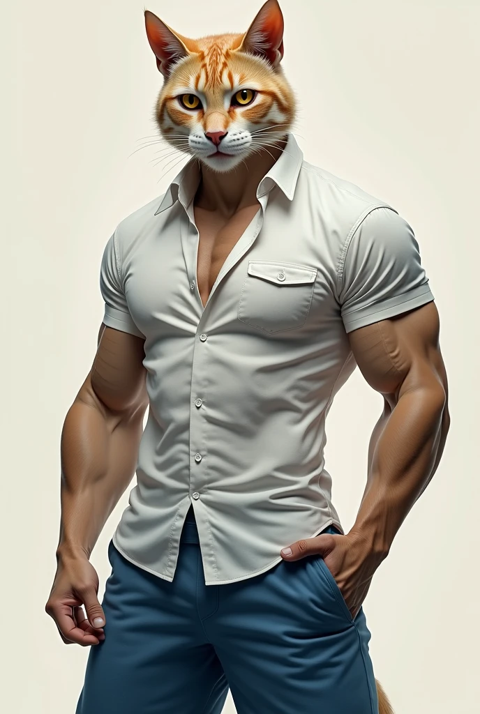 I need a picture of cat in the shape of man the face of man show a beautiful cat pictures with bright eyes and the cat man wera a wight short and blue paint. The cat man is a strong body