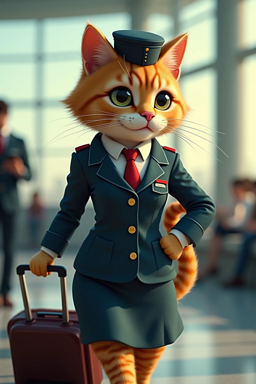 35mm lens，Multiple angles，Beautiful Cat，cute，sexly，Personification，Back，Side，silhouette，Overhead shot，Cat，Standing，Doll，Airline stewardess，Trolley case，，AIRPORT，Airline stewardess， cloak,Ruan Jia,，Work clothes，tie, (Delicate face), (Fine fluffy fur)，（35mm Cinema Lens），（Multi-angle shooting），（many viewing angles）