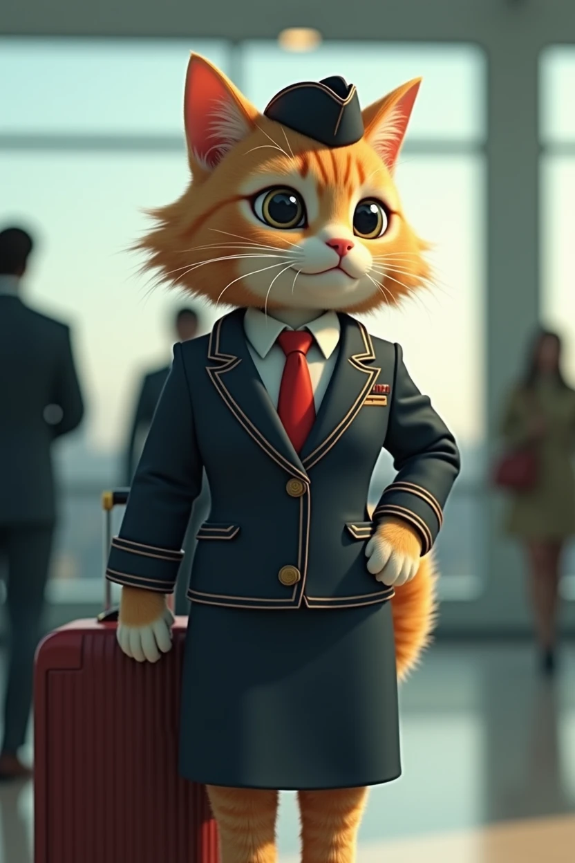 35mm lens，Multiple angles，Beautiful Cat，cute，sexly，Personification，Back，Side，silhouette，Overhead shot，Cat，Standing，Doll，Airline stewardess，Trolley case，，AIRPORT，Airline stewardess， cloak,Ruan Jia,，Work clothes，tie, (Delicate face), (Fine fluffy fur)，（35mm Cinema Lens），（Multi-angle shooting），（many viewing angles）