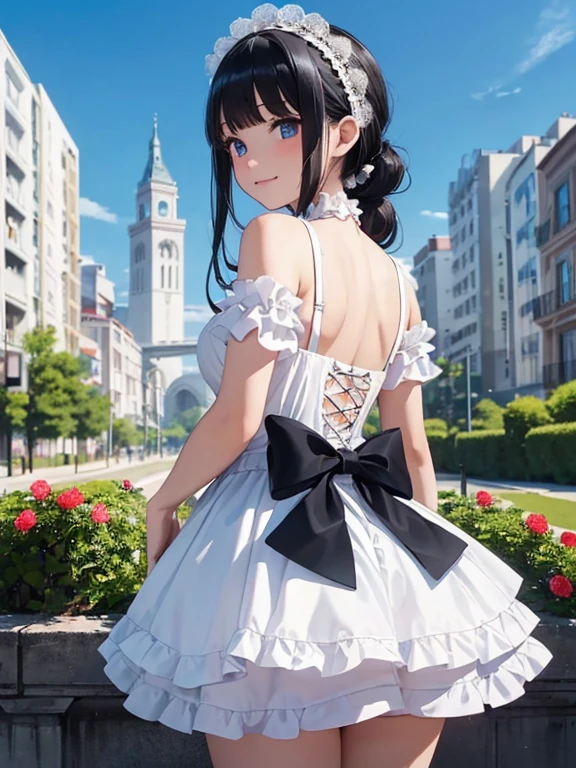 (beautiful elegant white panties), (looking back at the viewer),♥(sexy mini dress gothic ta costume),((1girl,cute,young,semi long beautiful black hair, blunt bangs ,pony tale, beautiful blue eyes)),(solo),((masterpiece, highest resolution, best quality)), (beautiful illustration),( gothic loliostume),(looking back at the viewer), innocent smile, cinematic lighting, , big city, flowers, buildings, blue sky