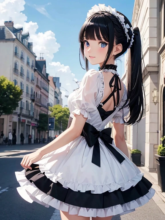 (beautiful elegant white panties), (looking back at the viewer),♥(sexy mini dress gothic lolita costume),((1girl,cute,young,semi long beautiful black hair, blunt bangs ,pony tale, beautiful blue eyes)),(solo),((masterpiece, highest resolution, best quality)), (beautiful illustration),( gothic lolita costume),(looking back at the viewer), innocent smile, cinematic lighting, , big city, flowers, buildings, blue sky