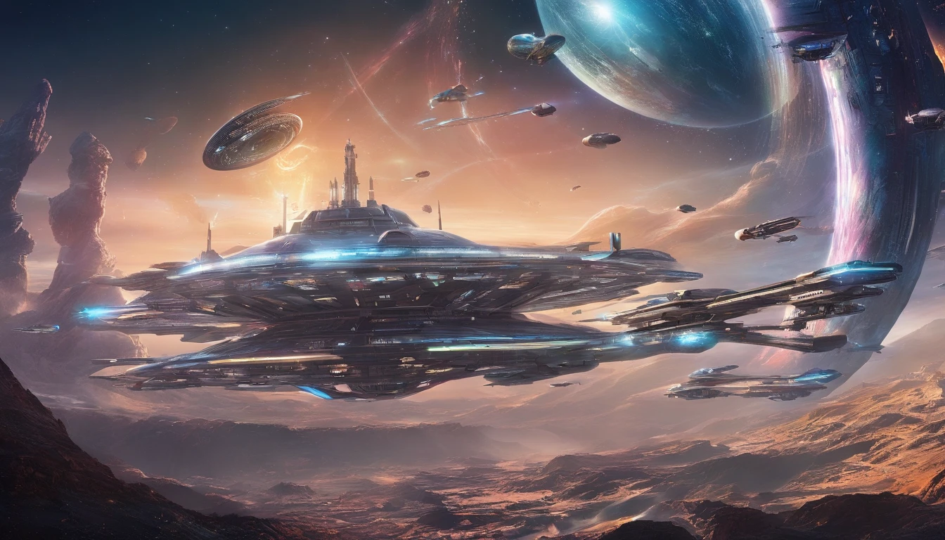 A vibrant cosmic background with a myriad of futuristic spaceships. These ships vary in design, color, and size. Some are sleek and streamlined, while others have intricate patterns and designs. The central focus is a large, circular space station with a unique, infinity,hyperrealistic, ultra detailed,cinematic postprocessing,fantastic view,Nikon D850,award winning, photography,elegant,intricate,high definition,high detail,highly detailed,extremely detailed,
crisp quality,ultra realistic,photorealistic,award winning,wallpaper,poster,4K UHD 3D