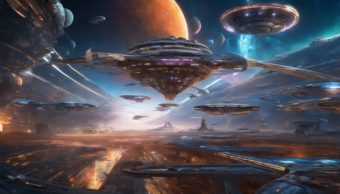 A vibrant cosmic background with a myriad of futuristic spaceships. These ships vary in design, color, and size. Some are sleek and streamlined, while others have intricate patterns and designs. The central focus is a large, circular space station with a unique, infinity,hyperrealistic, ultra detailed,cinematic postprocessing,fantastic view,Nikon D850,award winning, photography,elegant,intricate,high definition,high detail,highly detailed,extremely detailed,
crisp quality,ultra realistic,photorealistic,award winning,wallpaper,poster,4K UHD 3D