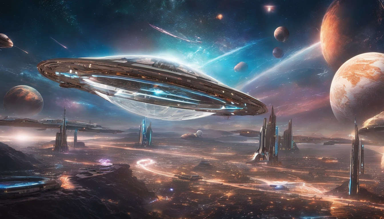 A vibrant cosmic background with a myriad of futuristic spaceships. These ships vary in design, color, and size. Some are sleek and streamlined, while others have intricate patterns and designs. The central focus is a large, circular space station with a unique, infinity,hyperrealistic, ultra detailed,cinematic postprocessing,fantastic view,Nikon D850,award winning, photography,elegant,intricate,high definition,high detail,highly detailed,extremely detailed,
crisp quality,ultra realistic,photorealistic,award winning,wallpaper,poster,4K UHD 3D