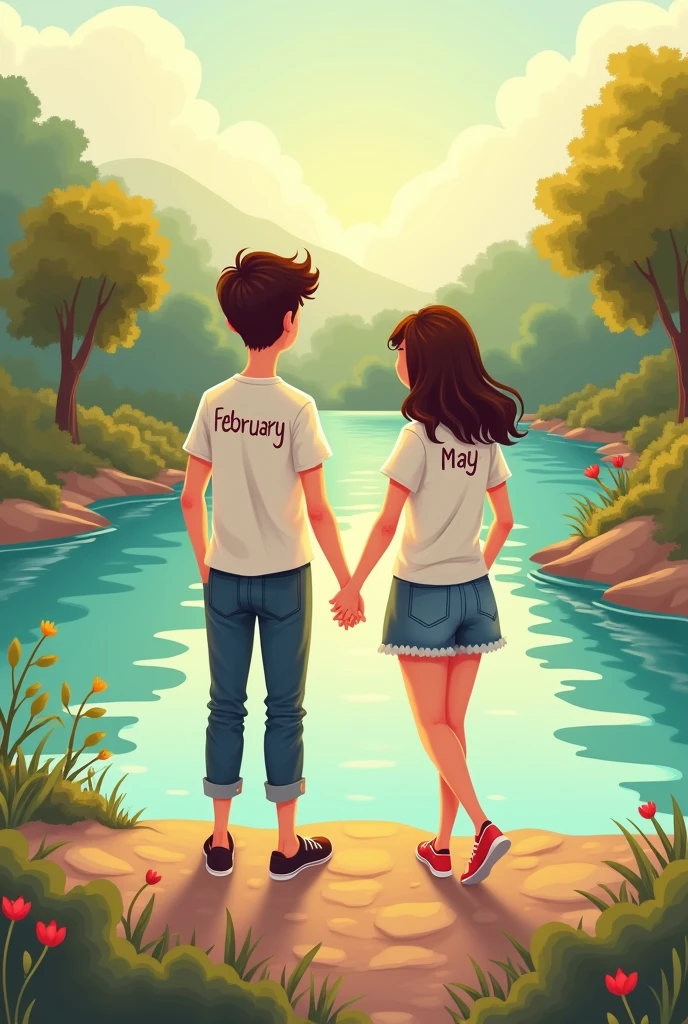 A lovely cartoon couple standing besides a beautiful river holding their hand.They are wearing same colour t-shirt written February and May