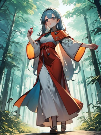 ((Highest quality)), ((masterpiece))、Small breasts are justice、Two Priestesses、Dance、guide、(Blue and silver long hair、Blue-green eyes)、(Scarlet long hair、Orange eyes)、Miko costume、morning haze、shrine