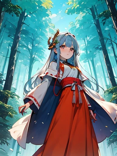 ((Highest quality)), ((masterpiece))、Small breasts are justice、Two Priestesses、Dance、guide、(Blue and silver long hair、Blue-green eyes)、(Scarlet long hair、Orange eyes)、Miko costume、morning haze、shrine