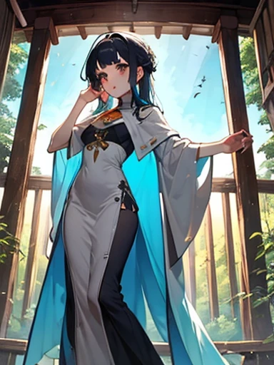 ((Highest quality)), ((masterpiece))、Small breasts are justice、Two Priestesses、Dance、guide、(Blue and silver long hair、Blue-green eyes)、(Scarlet long hair、Orange eyes)、Miko costume、morning haze、shrine