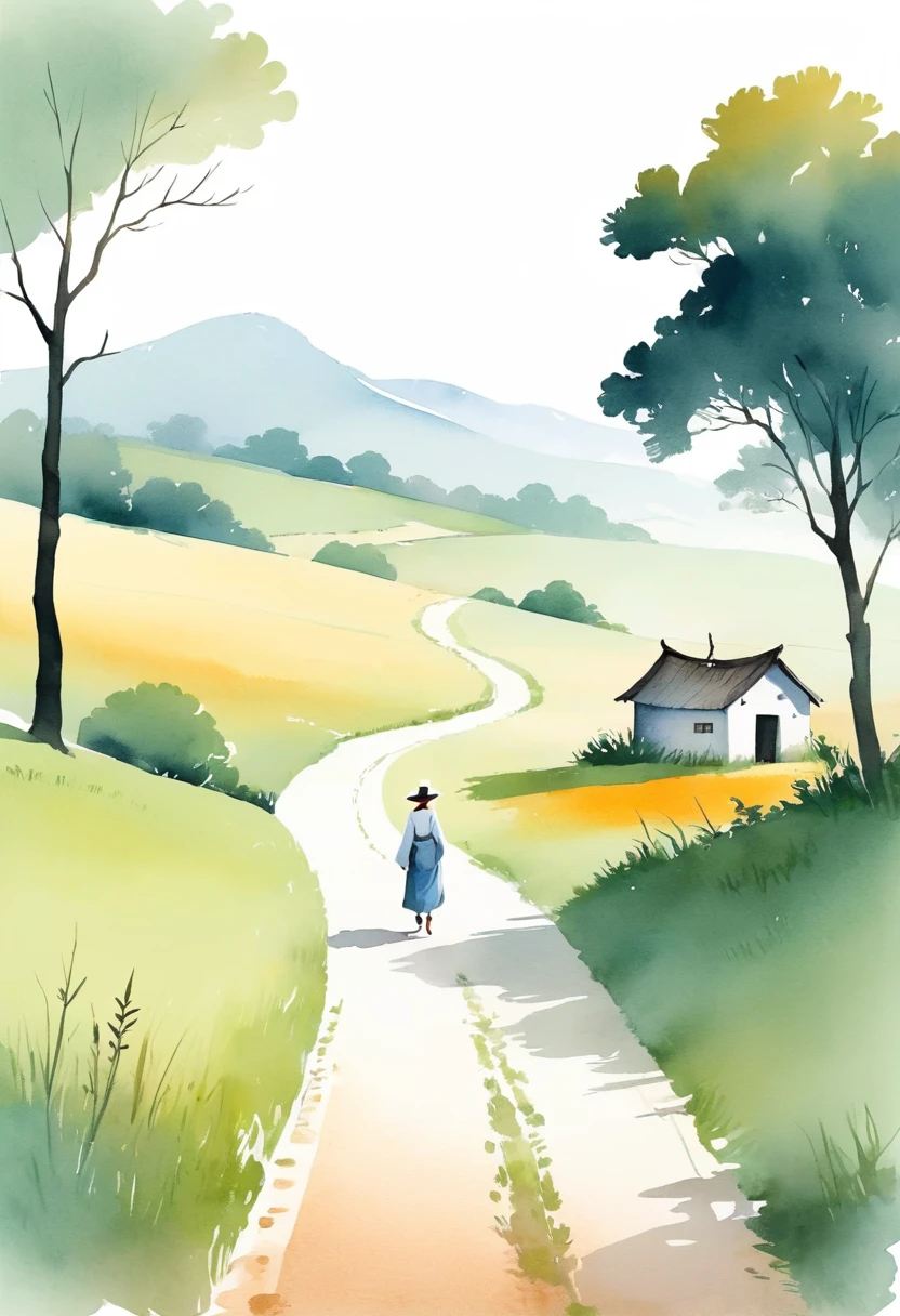 Minimalist rural life illustration, with a large amount of blank space, simple background, simple stroke style, healing style, watercolor effect, surrealism,Minimum,White background,The Trail,Minimalism,Huge negative space,Abstract,Comfortable color scheme, simple composition, healing style