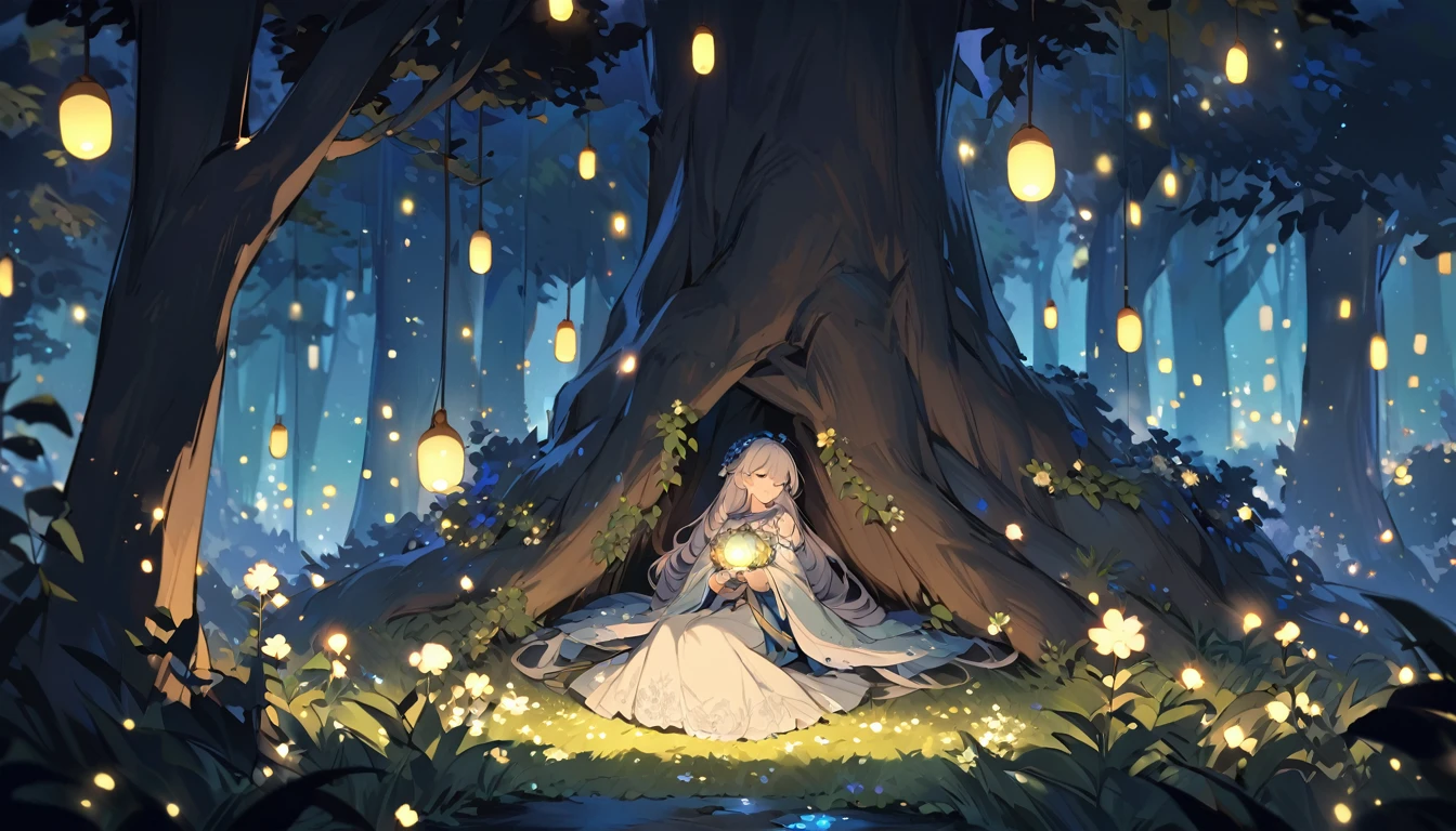 An enchanted forest of great beauty during the night where a beautiful maiden is sleeping under a tree. She is surrounded by flying fireflies.
