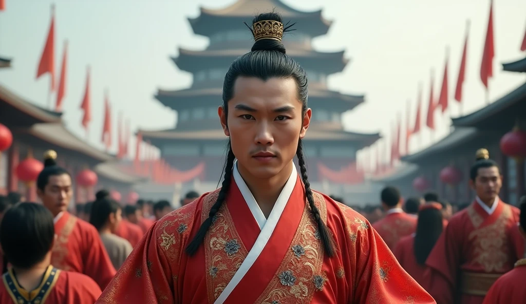 Hyperrealistic style，Huang Xiaoming，Hanfu，Tang Dynasty，Big Wild Goose Pagoda, Chang&#39;an，Crowded，Ultra HD，4K
