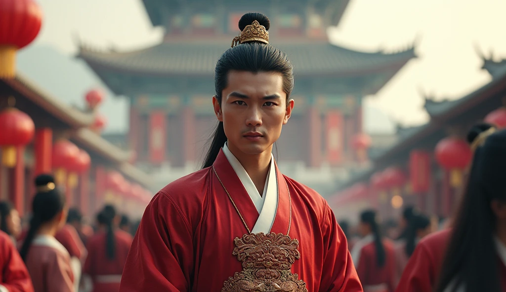 Hyperrealistic style,Huang Xiaoming,Hanfu,Tang Dynasty,Big Wild Goose Pagoda, Chang'an,Crowded,Ultra HD,4K