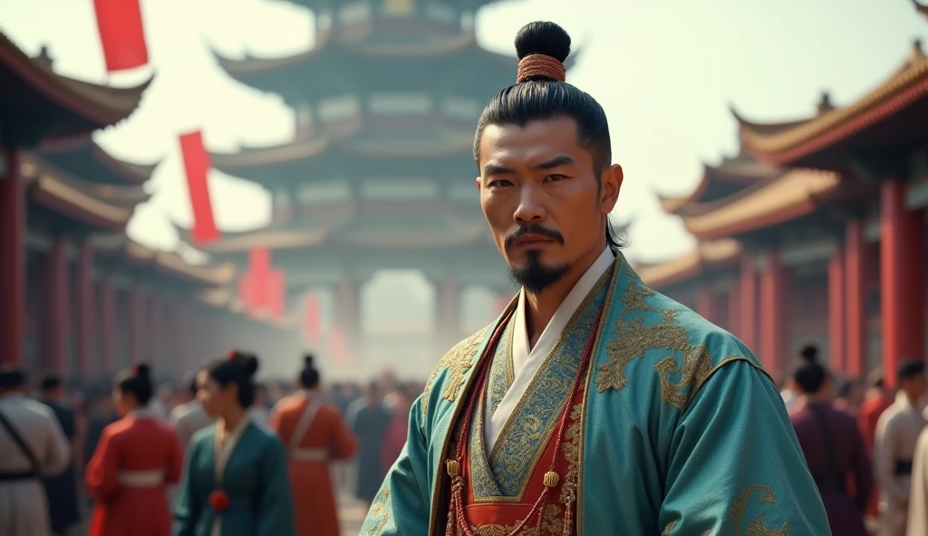 Hyperrealistic style，Huang Xiaoming，Hanfu，Tang Dynasty，Big Wild Goose Pagoda, Chang&#39;an，Crowded，Ultra HD，4K