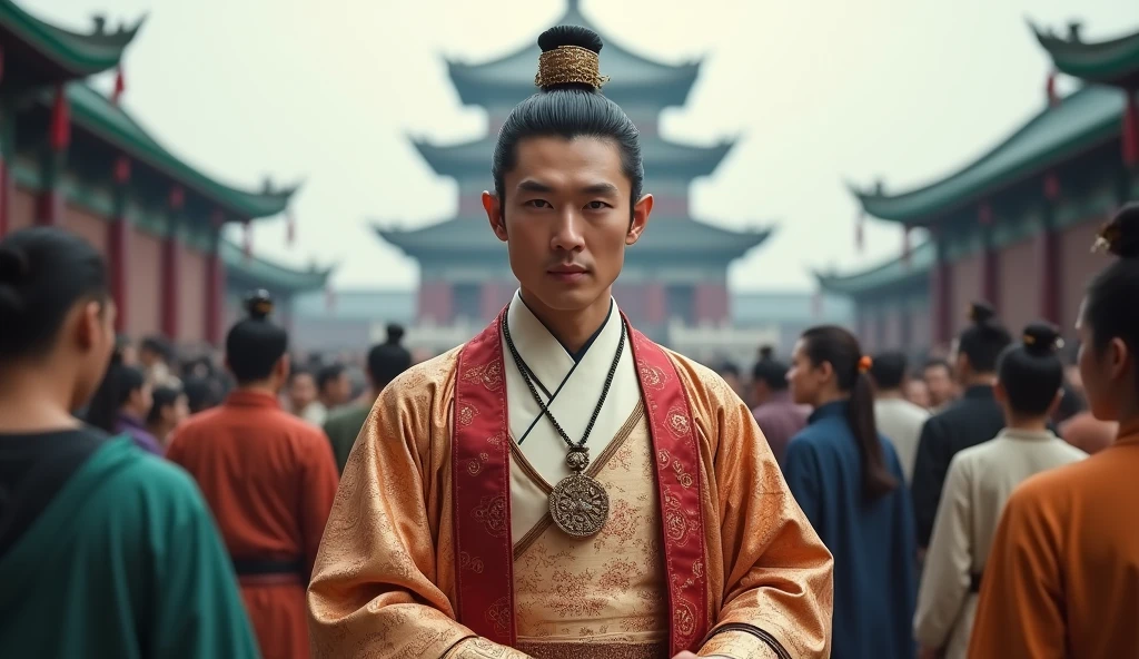 Hyperrealistic style,Huang Xiaoming,Hanfu,Tang Dynasty,Big Wild Goose Pagoda, Chang'an,Crowded,Ultra HD,4K