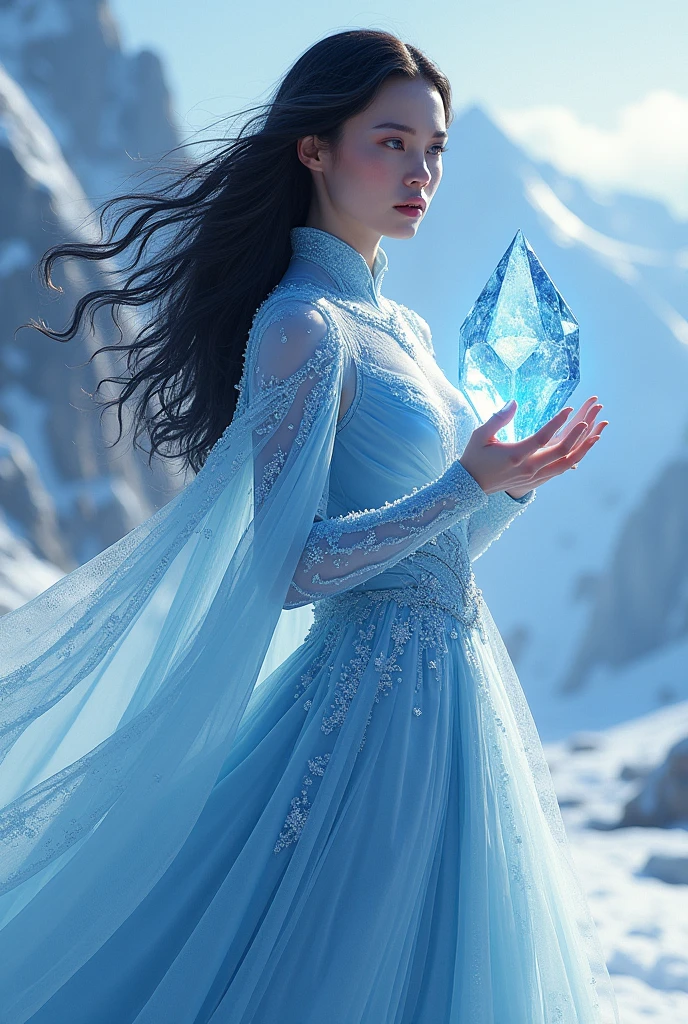 Beautiful woman with black hair, she has an glacier colored battle dress, she is in a background of glaciers and she has a diamond shaped magical ice in her hands