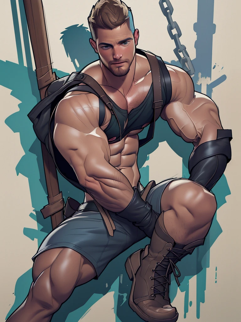 nsfw , masterpiece, best quality, sketch, solo, facial hair, 1boy, (((stephen amell))) muscular,, mature male,totally naked , short dark blond  hair, large pectorals, showing big balls a erected cock, vibrant color , fingerless gloves, showing abs, stubble, looking at viewer, spread legs, , biceps, 
