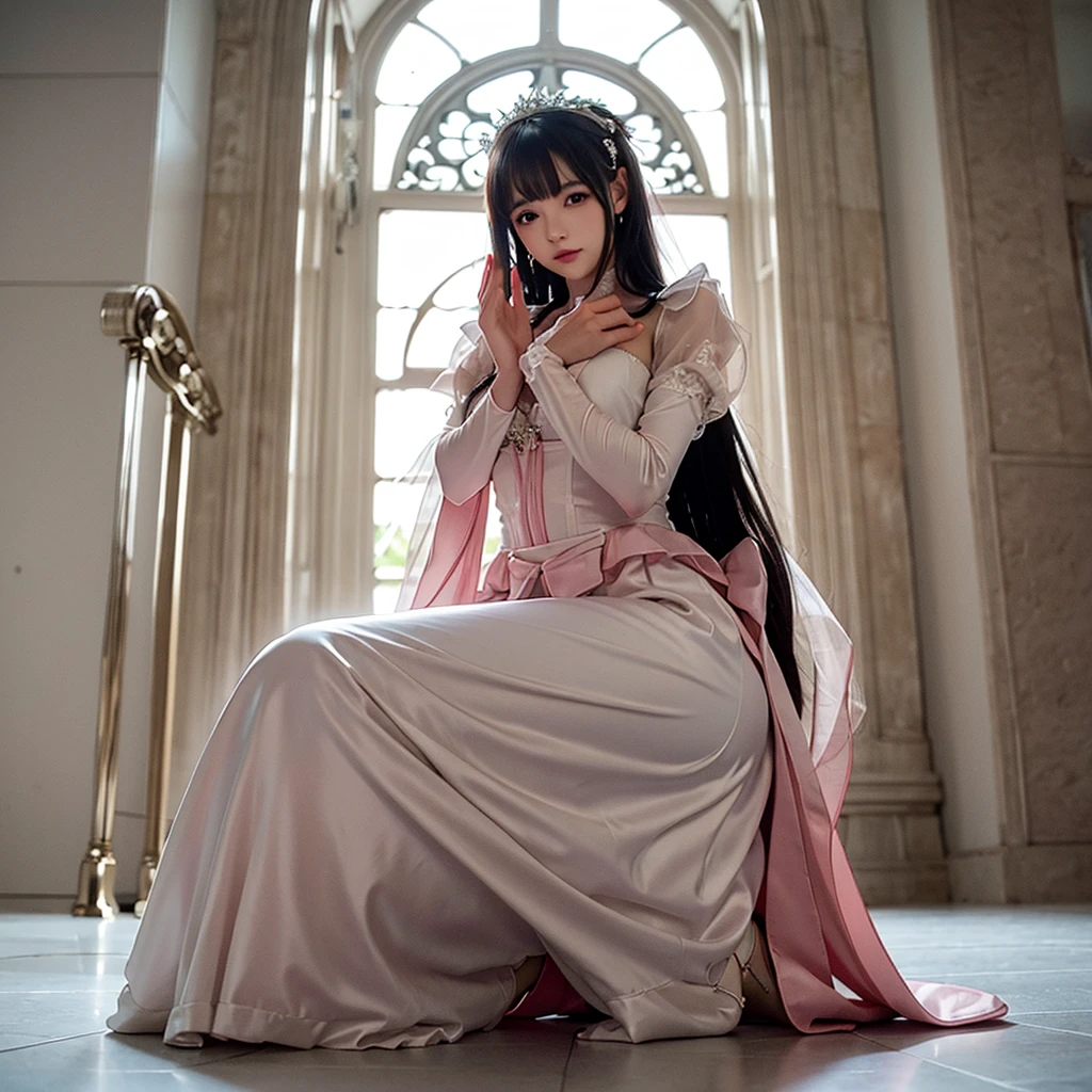 Wedding dress, bride, long dress, puffy sleeves, pink dress, water, heels, masterpiece, High Resolution, kneeling, 1girl, solo, breasts