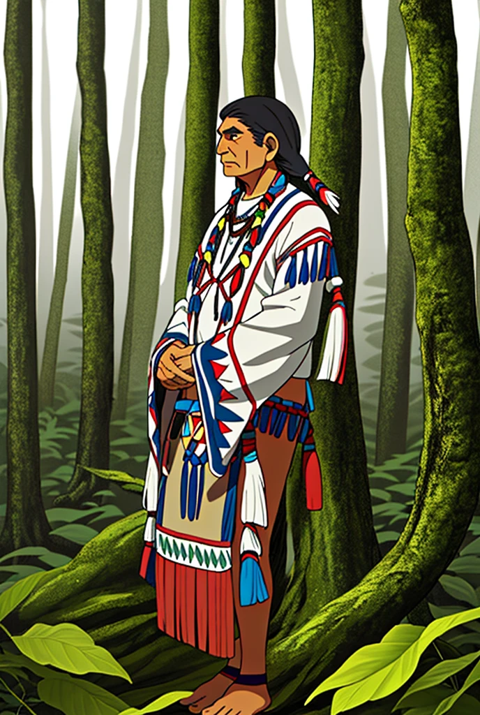 A Native American, in a bare forest