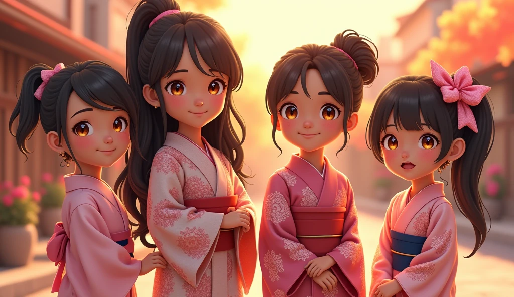 Black American Family of 4 Beautiful Lace and Velvet Yukata, gorgeous face, Beautiful legs, light orange eyes, very happy face, fully body, colorful colors, detailed back ground, daytime sensation, high qualiy, 8k Ultra HD, effect 3d, Anime Style Digital Illustration, soft anime tone, atmosphere similar to Kyoto's animation, Luminism, three-dimensional effect, Luminism, 3d rendering, octane rendering, isometric, colors beautiful, exquisite characters and anime expressions, playful body manipulation, ssmile, looking at the camera, strange light , Lovely space, soft texture, imaginative art, ethereal light, silent light, whispering silence, iridescent encounter, shimmering fairy powder, Dazzling Background, fully body, (((rule of thirds))), high qualiy, high détail, high resolution , (bokeh: 2), contra-luz, bright daylight