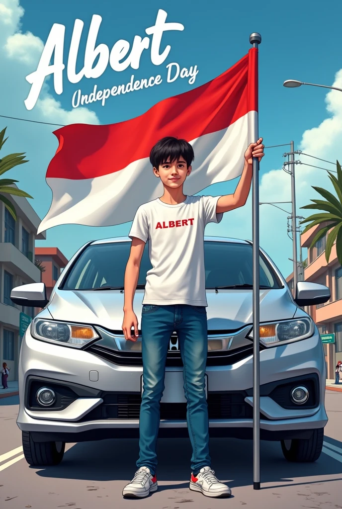 Produce a Realistic 30 year old boy, wearing a white t-shirt, blue jeans, sneakers, and name "ALBERT" written on his shirt and the boy is leaning against a silver Honda Brio car on the road while holding the Indonesian national flag, and behind it is Red For Indonesia. and written in the sky Independence Day "create high quality Realistic images, 4k resolution, in a realistic comic book style