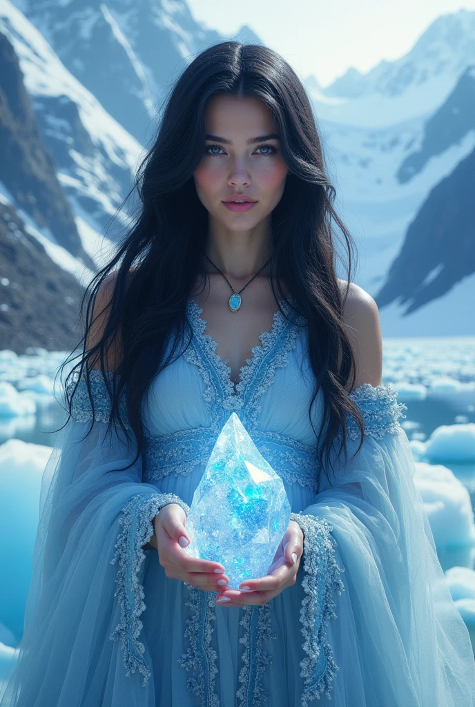 Beautiful woman with black hair, she has an glacier colored battle dress, she is in a background of glaciers and she has a diamond shaped magical ice in her hands