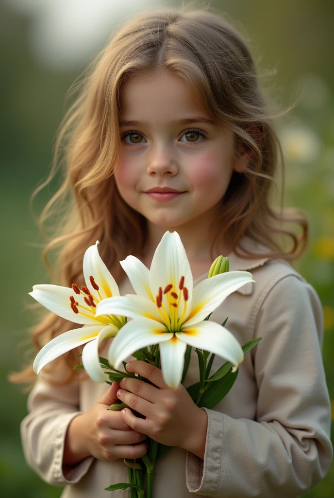 The girl holds lilies in her hand