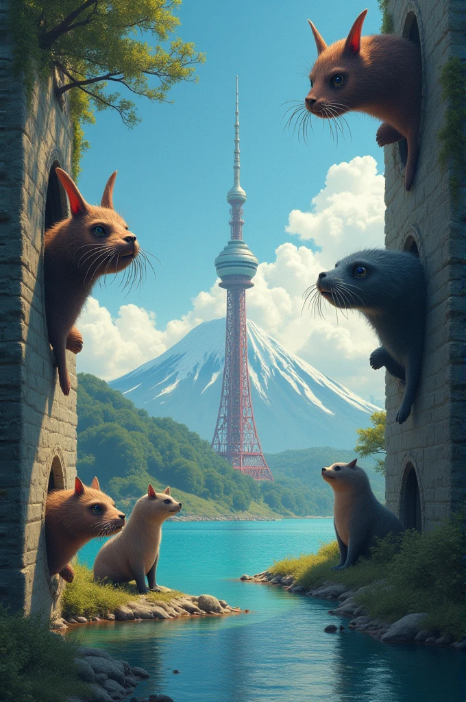 Unidentified creatures peeking out of holes, Chi-kun, sea lions, sea lions, Lake Biwa, Tokyo Skytree, Mt. Fuji