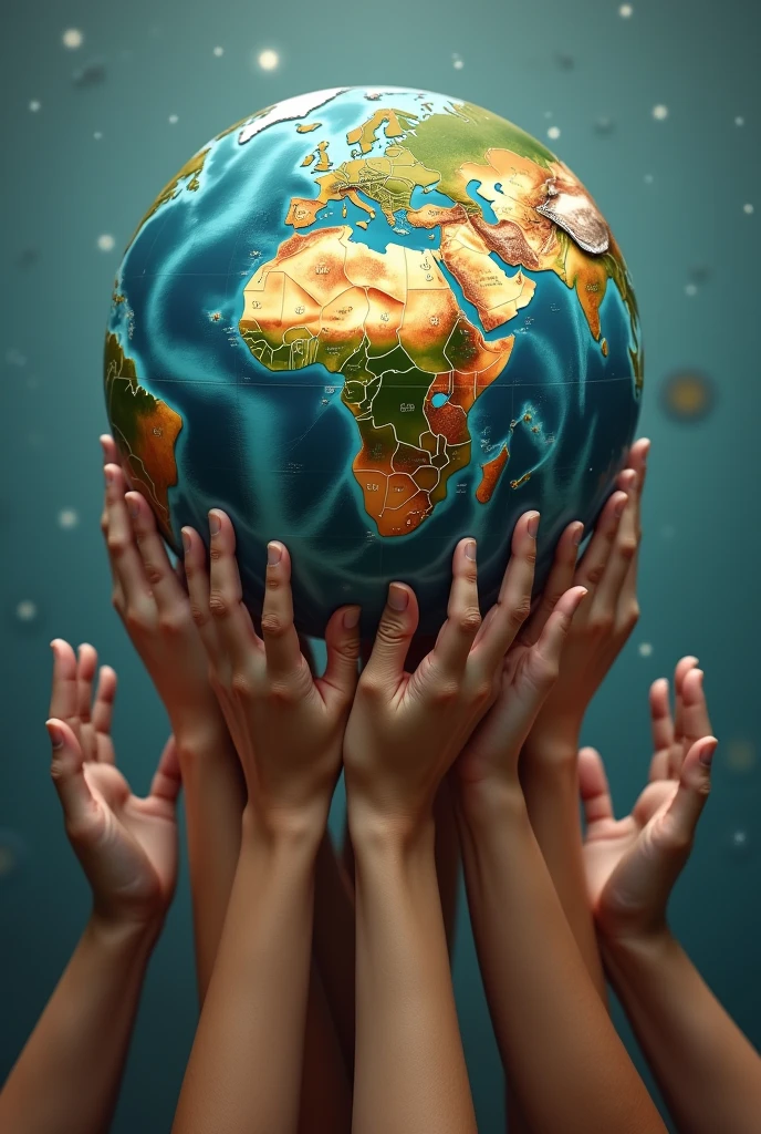 a sphere supported by many hands rising from below