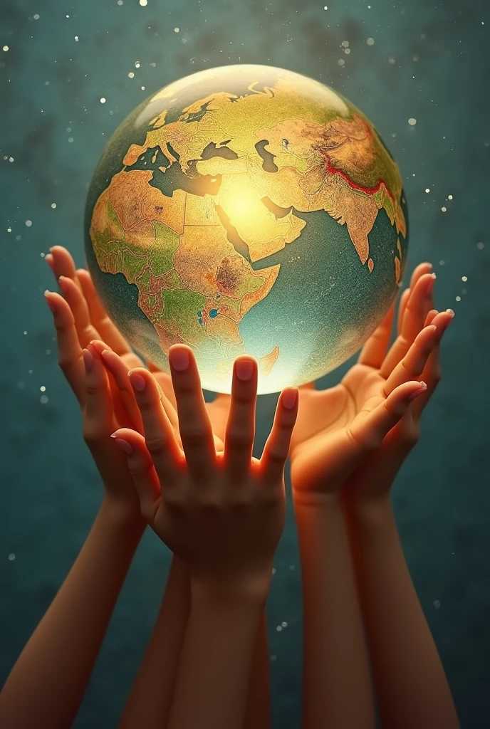 a sphere supported by many hands rising from below