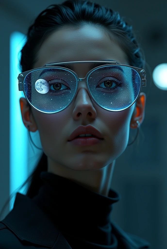The model is wearing glass sunglasses with stars and the moon on the glass