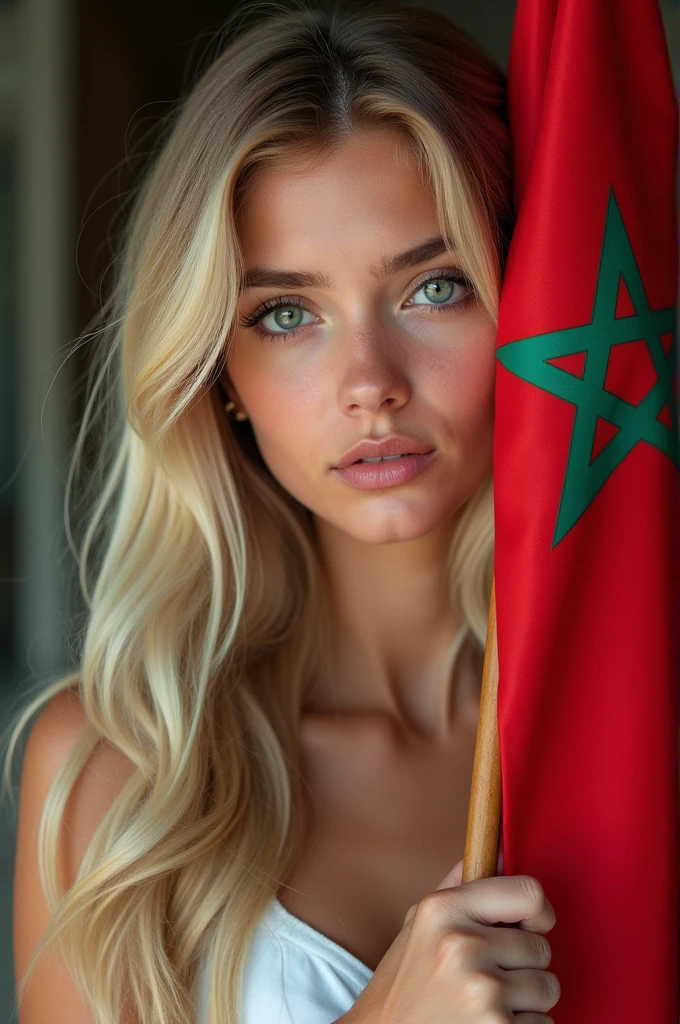 detailed portrait of a young woman with long blonde hair, holding the moroccan flag, wearing a white dress, beautiful detailed eyes, beautiful detailed face, extremely detailed skin, beautiful detailed lips, longeyes lashes, intricate details, high quality, photorealistic, cinematic lighting, vivid colors, vibrant, masterpiece