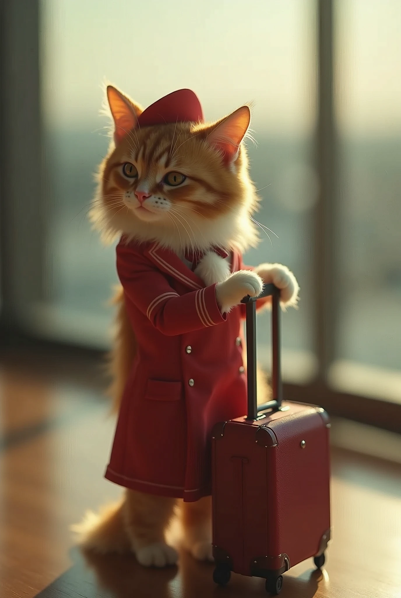 35mm lens,Multiple angles,漂亮的Cat,cute,Sexy,Personification,Back,side,silhouette,Overhead shot,Cat,Standing,doll,Airline stewardess,Trolley case,,AIRPORT,Airline stewardess, cloak,Ruan Jia,,Work clothes,tie, (Delicate face), (Fine fluffy fur),(35mm Cinema Lens),(Multi-angle shooting),(many viewing angles)