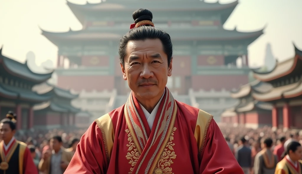 Hyperrealistic style,Jackie Chan,Hanfu,Tang Dynasty,Big Wild Goose Pagoda, Chang'an,Crowded,whole body,Ultra HD,4K