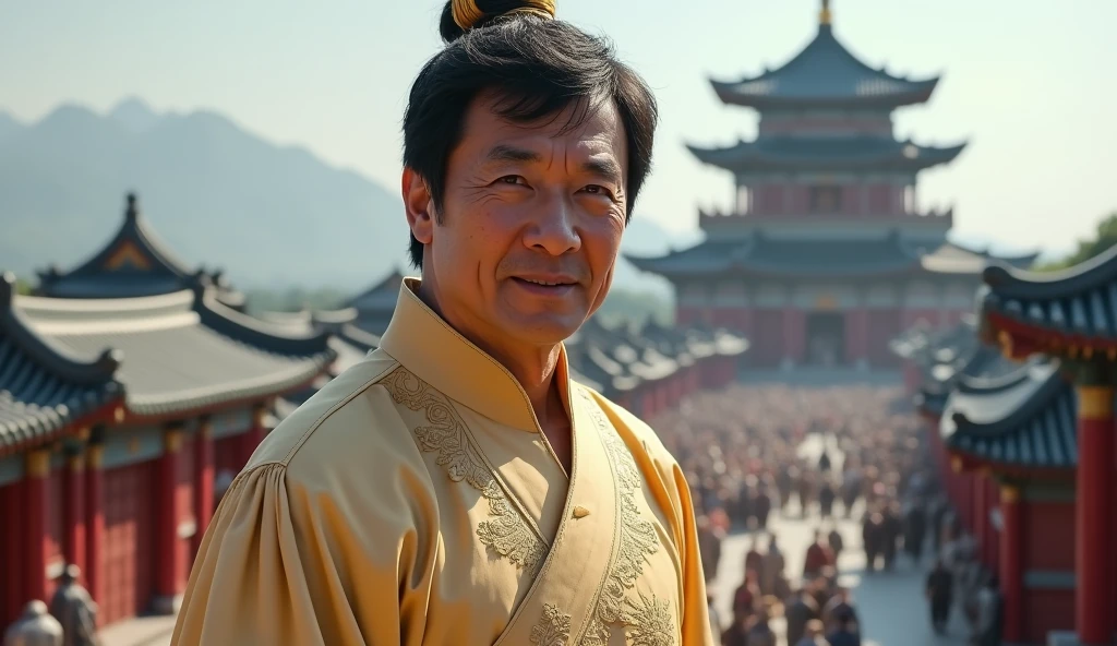 Hyperrealistic style,Jackie Chan,Hanfu,Tang Dynasty,Big Wild Goose Pagoda, Chang'an,Crowded,whole body,Ultra HD,4K